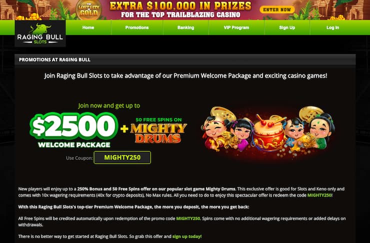 Featured promos on Raging Bull, a top option among internet casinos.